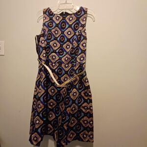 Evan Picone Midi Dress Womens 14 Peacock Color Geometric Casual Boho Belted READ